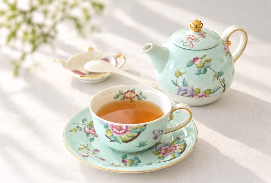 水色の花柄のTea For Oneと、お茶の入ったカップ